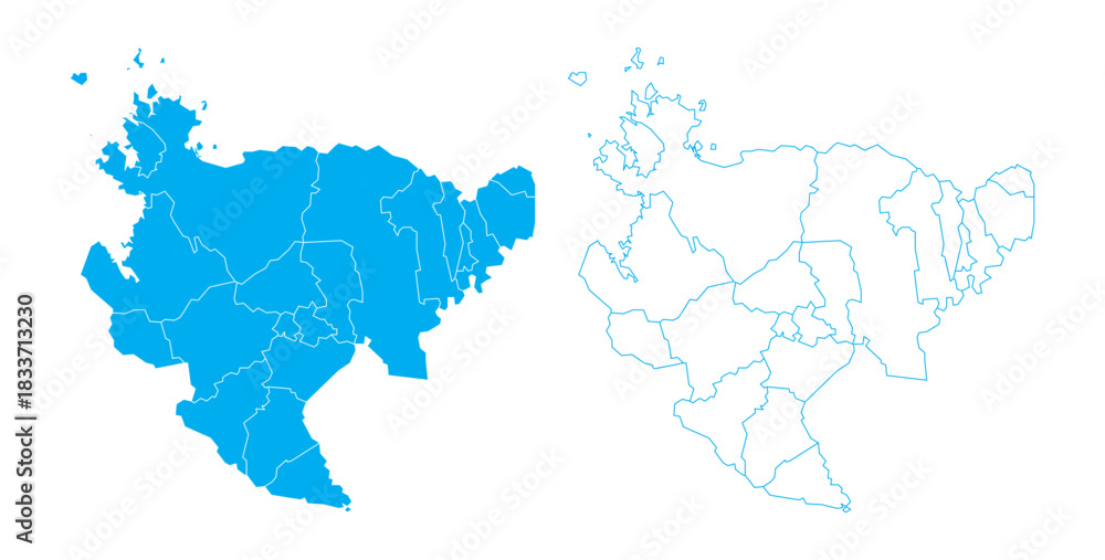 Fototapeta premium Clean blue outline and filled vector map of Saga Prefecture Japan with sub-districts