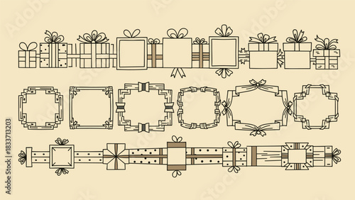 Hand-drawn collection of art deco style frames and borders designed to resemble gift boxes tied with elegant ribbons.