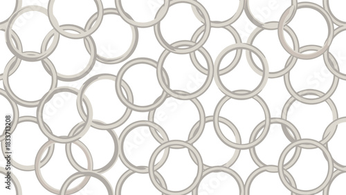 Seamless abstract pattern of interconnected light grey rings, creating a modern and minimalist chainmail texture on a white background.