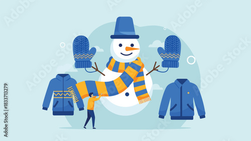 Fun flat illustration showing a person dressing a large snowman with a scarf, surrounded by cozy winter clothing options.