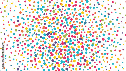 Abstract background of colorful round confetti dots scattered randomly on a plain white surface for festive designs.