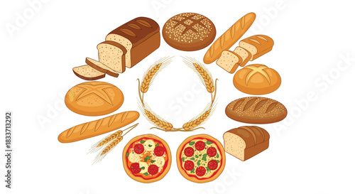 A diverse assortment of bakery products featuring various loaves of bread, baguettes, rolls, and pizzas, centered around a decorative wheat wreath.