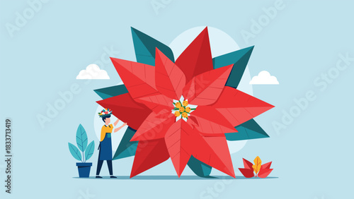 Florist character arranging a giant red poinsettia flower in a modern flat design vector illustration for the holidays.