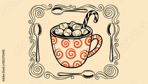 Hand-drawn vintage illustration of a cozy mug of hot chocolate with marshmallows and a candy cane, set within an ornate spoon frame.