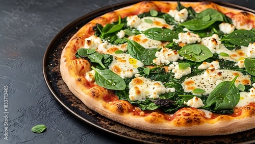 Delicious Pizza with Spinach and Cheese on Dark Background