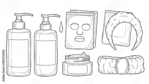 Line art illustration set of common skincare and beauty products including cleansers, face masks, and headbands.