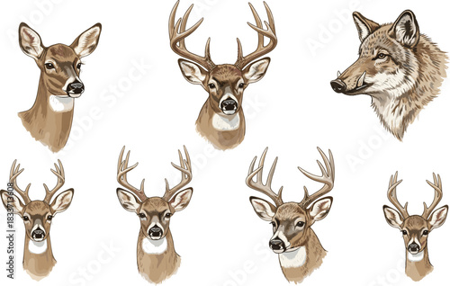Highly Realistic Vector Set of Detailed Wildlife Head Portraits Featuring a Brown Wolf and Multiple Variations of Whitetail Deer with Impressive Antlers