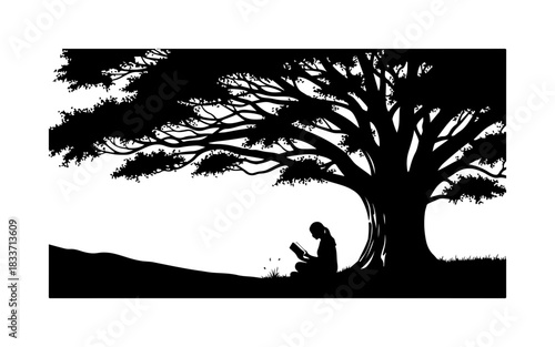 Contemplative Reading Under a Spreading Tree Silhouette