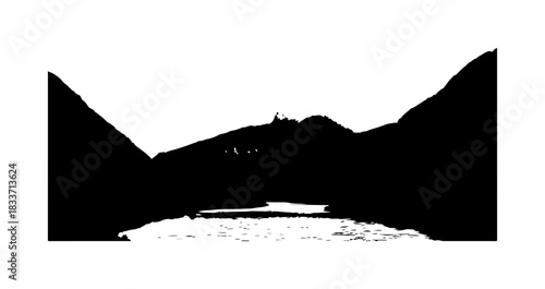 Dramatic mountain valley silhouette with a serene river flowing