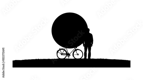 Man with Bicycle and Large Sphere Silhouette