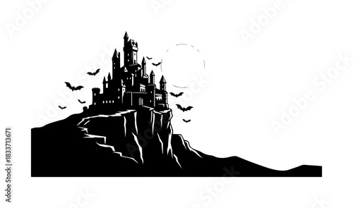 Gothic Castle Silhouette with Flying Bats