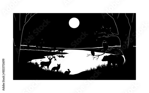 Moonlit Wilderness Wildlife Silhouette