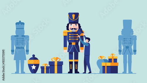 Man decorating a large Christmas nutcracker soldier, surrounded by festive gifts and other toy silhouettes, in a flat vector illustration.