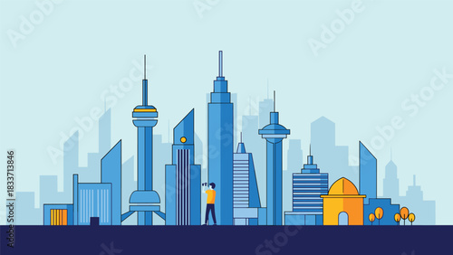 Flat design vector illustration of a man with binoculars observing a futuristic city skyline with modern skyscrapers and architecture.