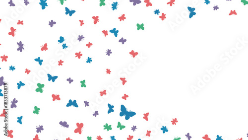 Colorful background design featuring a cascade of small, stylized butterflies with ample copy space for text on the right.
