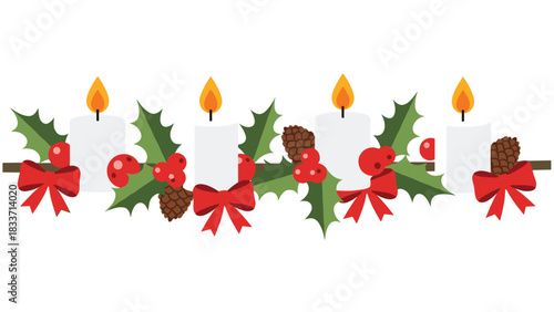 Christmas Advent wreath-inspired border with four lit white candles, holly, berries, and pinecones for festive decorations.