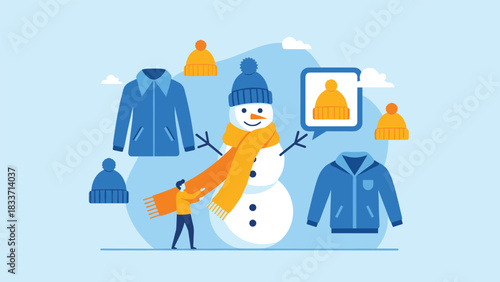 Flat design concept of dressing for winter weather, with a person putting a scarf on a snowman surrounded by warm clothes.