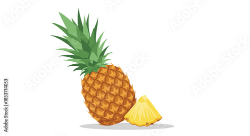 A vibrant vector illustration of a whole ripe pineapple lying next to a fresh, juicy triangular slice on a clean white background.