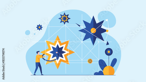 Flat vector illustration of a person creating and connecting abstract star-like shapes, representing innovation, creativity, and problem-solving.