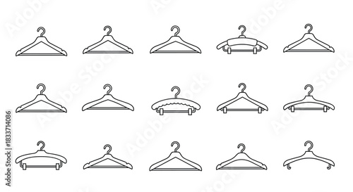 A collection of diverse clothing hangers presented as black and white line art icons, showcasing various designs for garment storage.