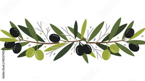 Decorative border made from a green and black olive branch with leaves and fruit, isolated on a clean white background.