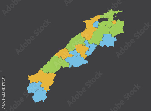 Colorful political vector map of Shimane Prefecture Japan showing all administrative regions
