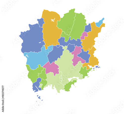 Vibrant political vector map of Okayama Prefecture Japan showing all administrative regions