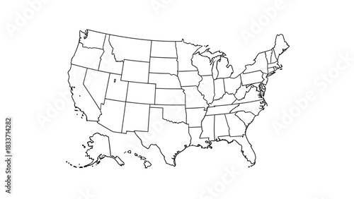 Black and white outline map of the United States of America showing all 50 states, ideal for educational and infographic use.