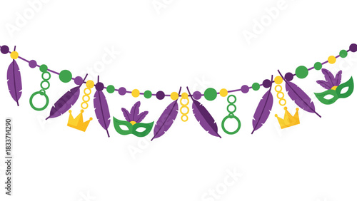 Festive Mardi Gras garland decoration with feathers, beads, masks, and crowns in the traditional purple, green, and gold colors.