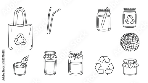 Hand-drawn doodle collection of zero waste and eco-friendly items, including a tote bag, reusable jars, and metal straws.