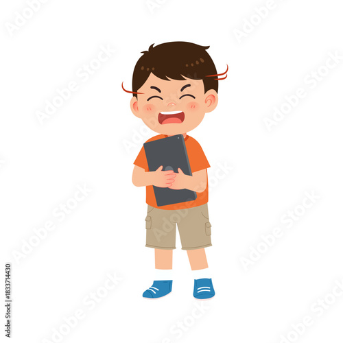 boy yelling while hugging tablet tightly to avoid losing screen-time privilege