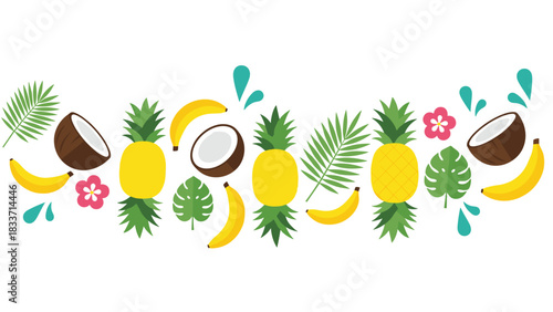 Festive summer garland or border design with flat, colorful tropical fruits and leaves like pineapples, coconuts and bananas.