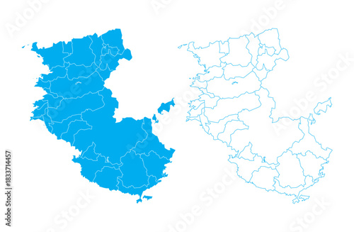 Bright blue filled and outline vector map of Wakayama Prefecture Japan with internal boundaries