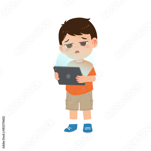 boy feeling exhausted while staring at tablet screen during late-night usage