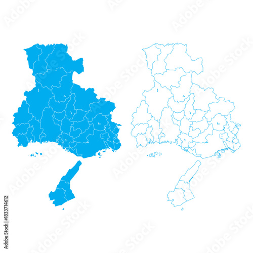 Bright blue filled and outline vector map of Hyogo Prefecture Japan showing internal boundaries