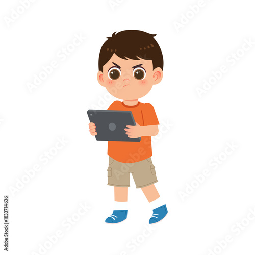 boy looking worried while checking tablet for unexpected problem