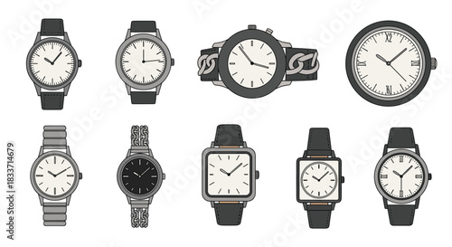 A diverse collection of ten analog wristwatches featuring various designs with round and square faces, and different strap materials.