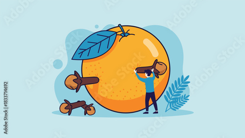 Man making a pomander by studding a large orange with whole cloves in a festive holiday flat design illustration.