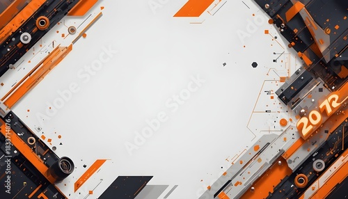 Futuristic Orange and Black Gaming Banner with Metallic Tech Elements and Dynamic Abstract Design