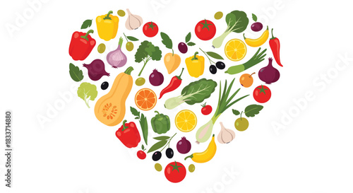 A vibrant heart-shaped arrangement of fresh, colorful fruits and vegetables symbolizes healthy eating and a balanced lifestyle.