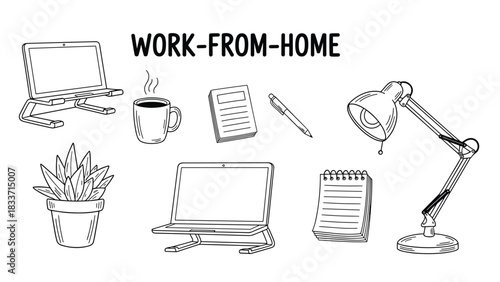 Doodle collection of essential work-from-home office items, including a laptop, lamp, coffee mug, and potted plant.