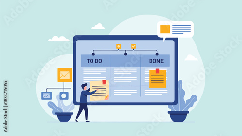 Project management concept with a person organizing tasks on a large digital Kanban board, moving sticky notes from To Do to Done.