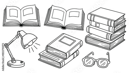 Hand-drawn doodle collection of library and study items, including open books, stacks of books, a reading lamp, and eyeglasses.