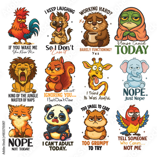 Collection of  Sarcastic Animal Quote T-shirt, Funny Snarky Animal With Humor Saying, Cute Funny Animal Clipart, Sarcasm Design Mug Illustration