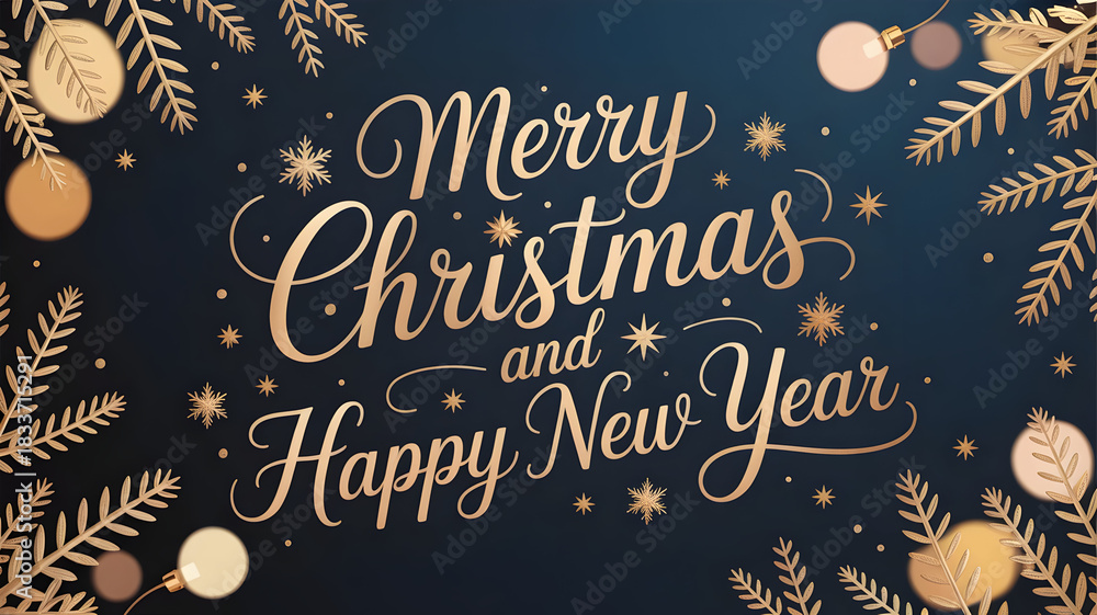 Obraz premium Elegant merry christmas and happy new year calligraphy with gold pine branches