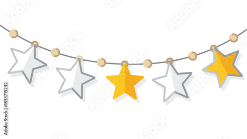 Simple and elegant holiday garland decoration with hanging gold and silver paper stars on a string, isolated on white.