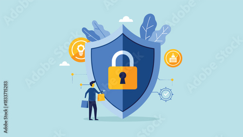 Cyber security concept with a businessman standing by a large shield with a padlock, symbolizing data protection.