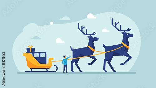 Modern flat illustration of a person with two large reindeer and Santa's sleigh, representing Christmas magic and gift-giving.