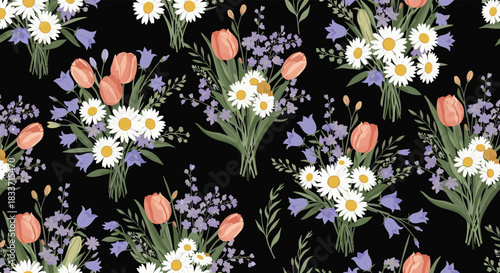 Seamless pattern with bouquets of colorful spring flowers including tulips, daisies, and bluebells on a dark background.