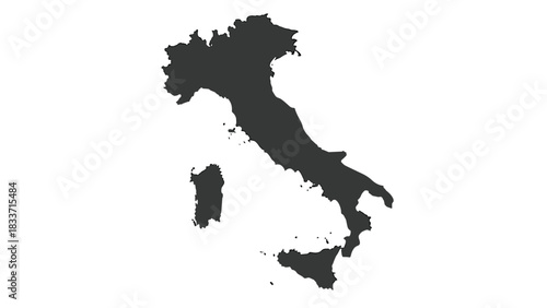Simple black silhouette map of the country of Italy, including the islands of Sicily and Sardinia, isolated on a white background.